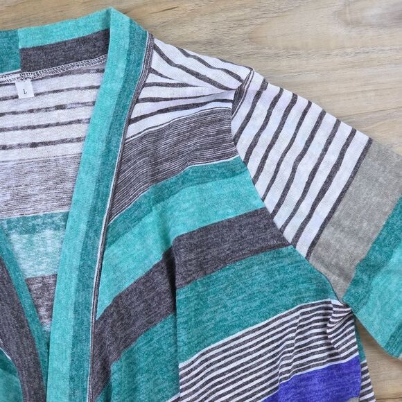 🔸️Blue, Teal, & Gray Striped Cascading Open Front Cardigan Kimono Large - Picture 8 of 12